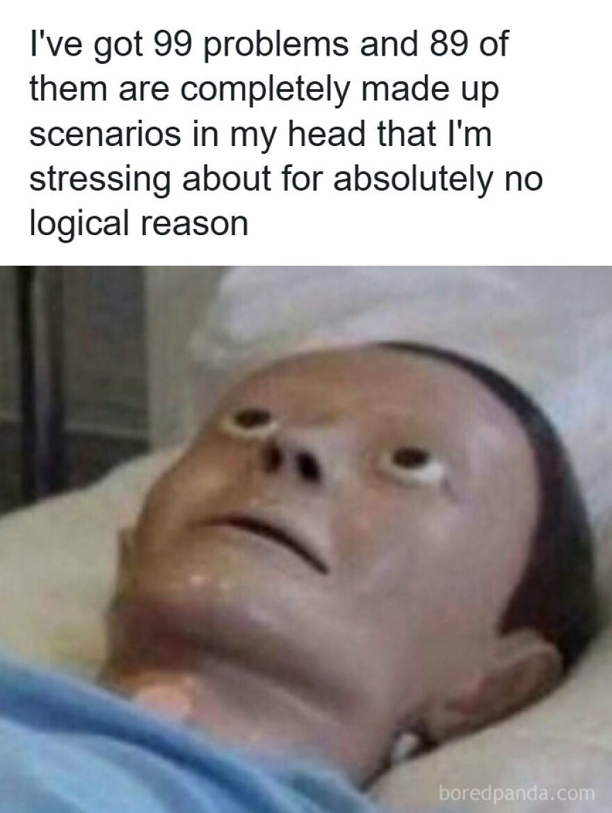 A wide-eyed mannequin lying down in one of the spot-on memes about overthinking.