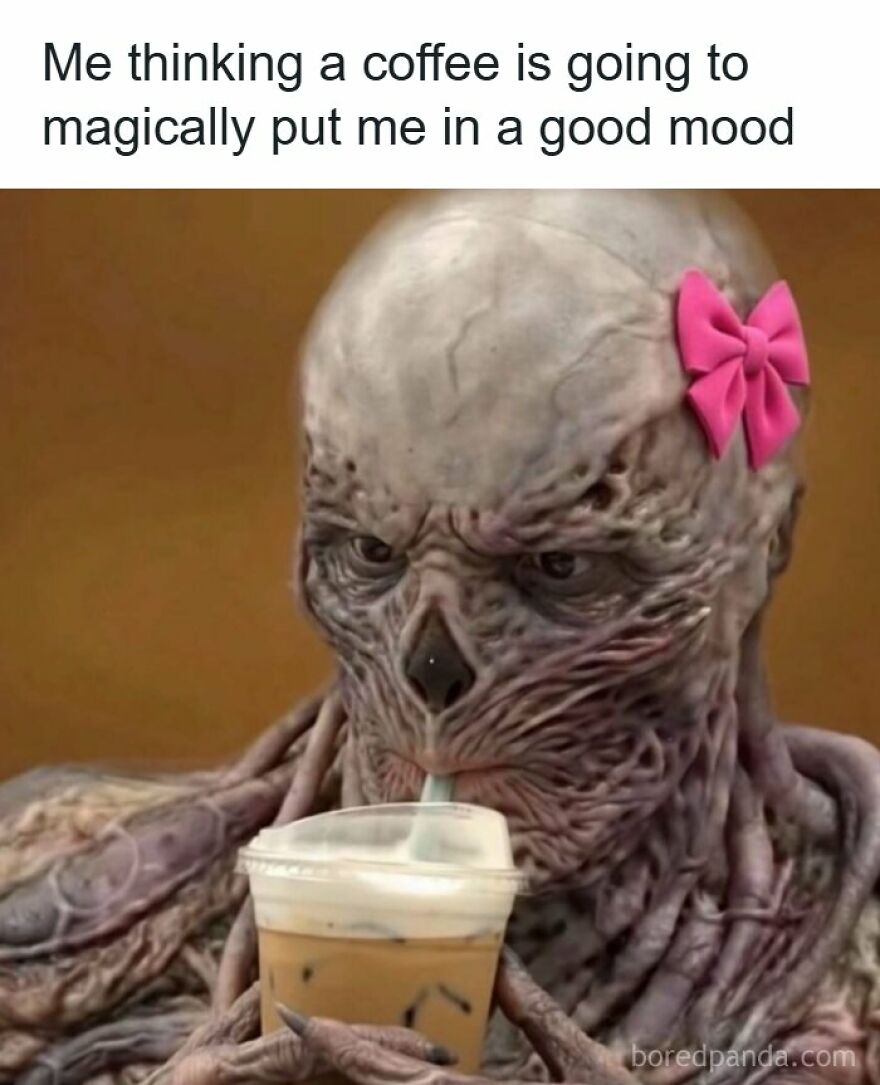 Spot-on memes showing Vecna from Stranger Things drinking iced coffee while wearing a pink hair bow.