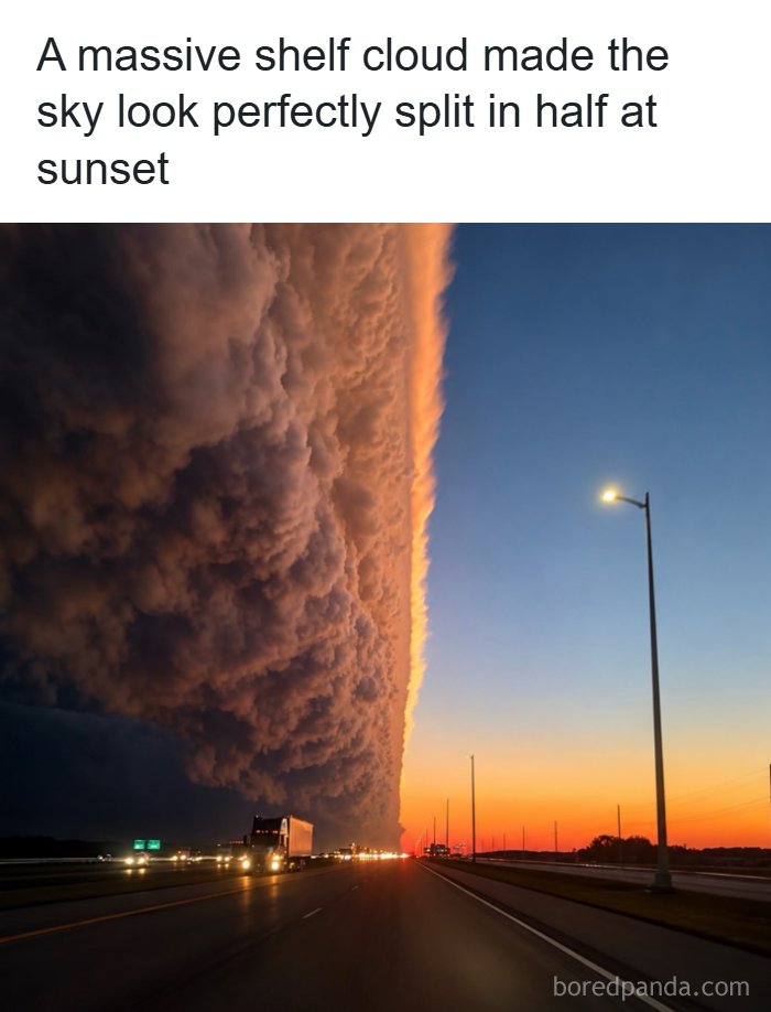 Massive shelf cloud splitting the sky on a highway, featured as one of the entertaining posts on social media.