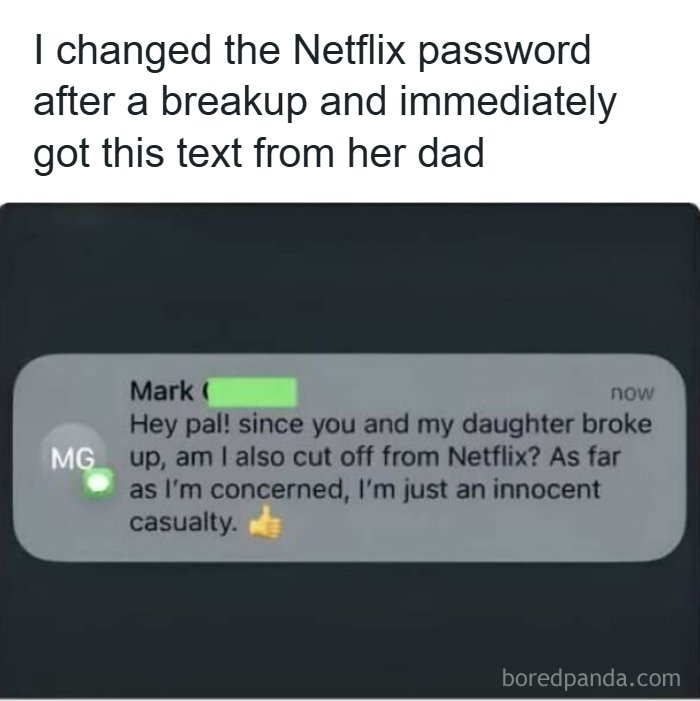 A text message thread showing funny pics of a dad asking for Netflix access after a breakup