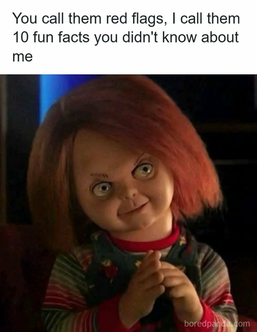 Funny Chucky doll meme about red flags and fun facts