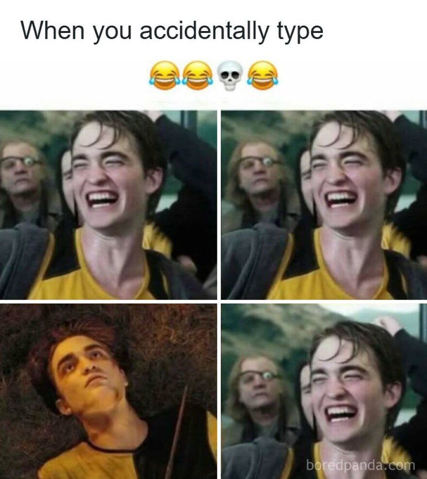 Relatable Harry Potter meme about typing laugh emojis while feeling d**d inside.