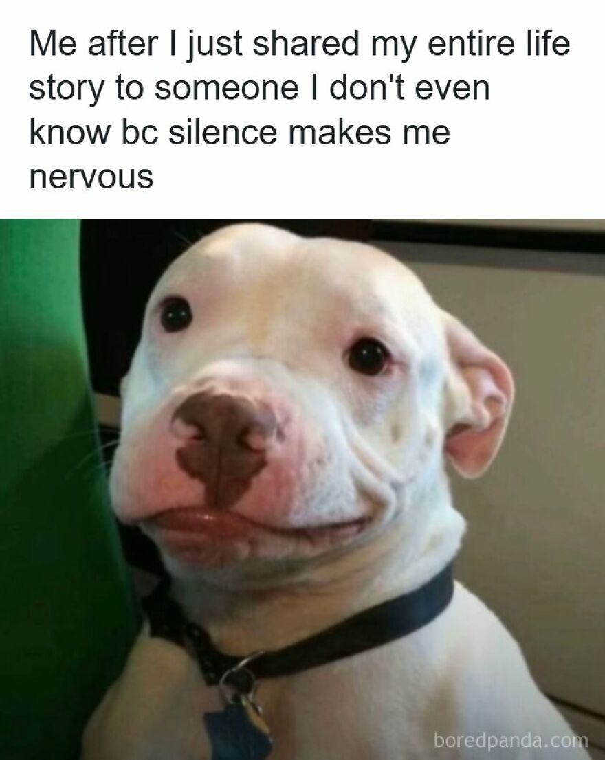 Cute dog smiling awkwardly meme about oversharing, an accurate relatable meme.