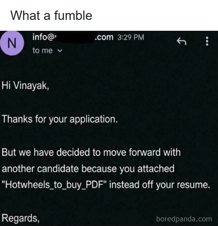 Rejection email showing a recruiting fail where an applicant sent a Hot Wheels PDF instead of a resume.