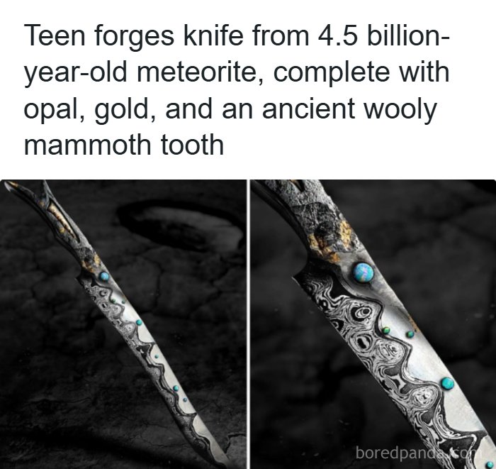 Handcrafted knife forged from meteorite with opal and gold details, interesting facts about world