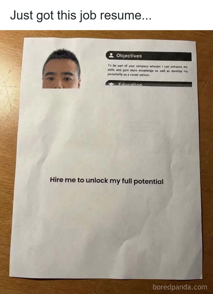 A funny job resume showing a cropped face photo with text to unlock full potential, perfect for entertaining posts.