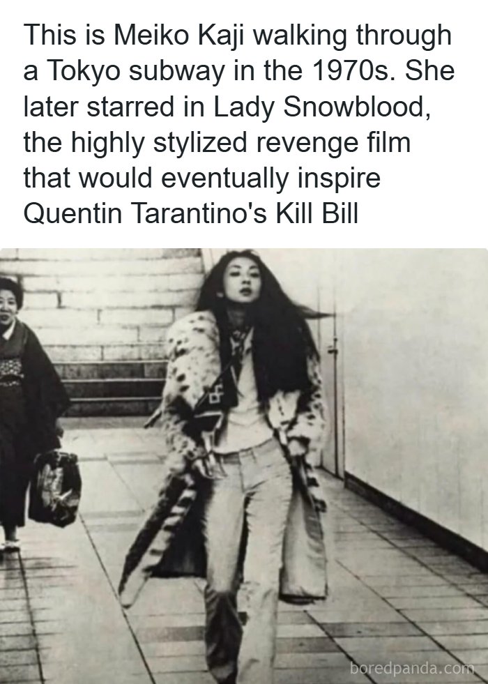 Black and white photo of Meiko Kaji in a 1970s Tokyo subway, one of many interesting facts and posts about the world.