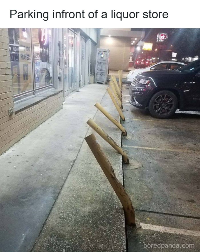 Funny meme about parking posts bent over in front of a liquor store, ideal for sending memes to friends.