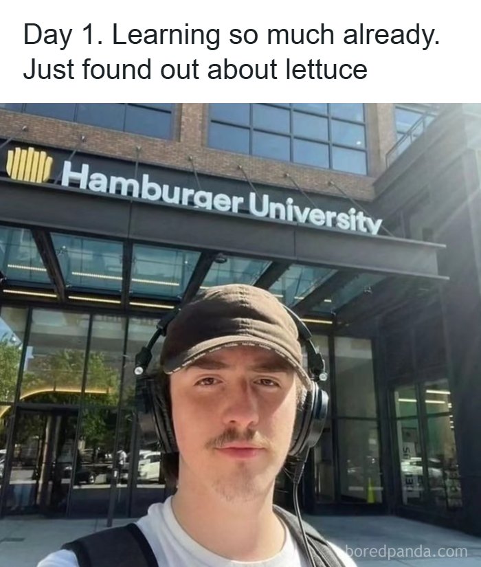 A selfie of a young man in front of Hamburger University featured in absurd internet posts.