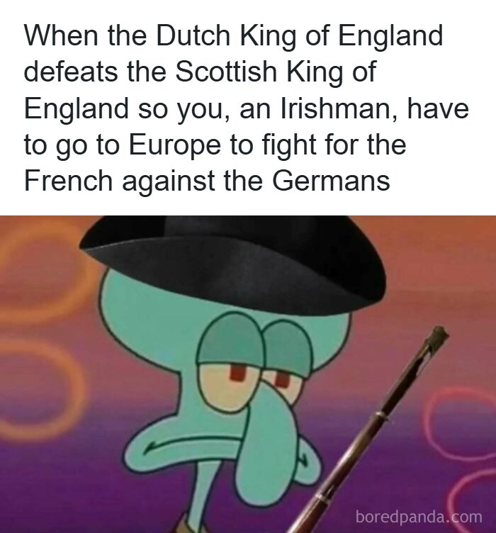 Squidward in a tricorn hat representing an Irishman in history memes.