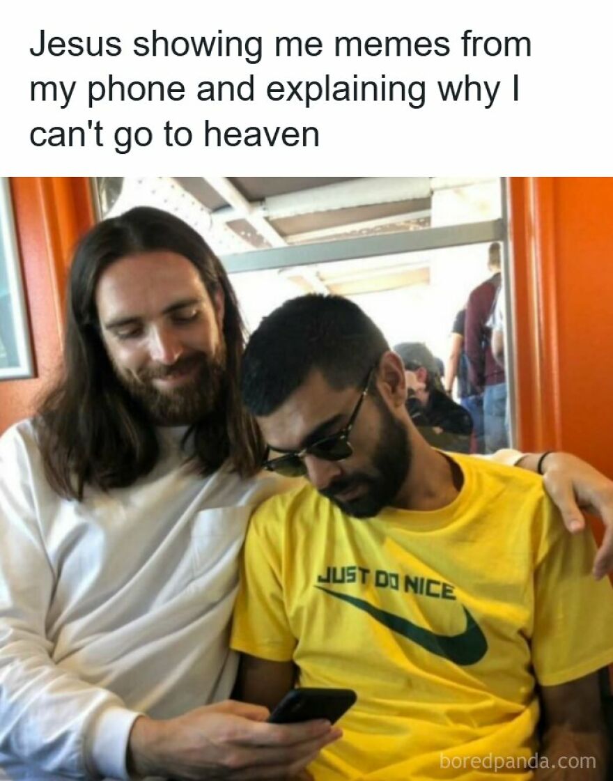 Accurate memes image of a man looking like Jesus holding a phone next to a man sitting on a bus.
