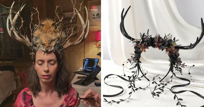 Side-by-side view of detailed antler headpieces used as creative, low-effort Halloween costumes.