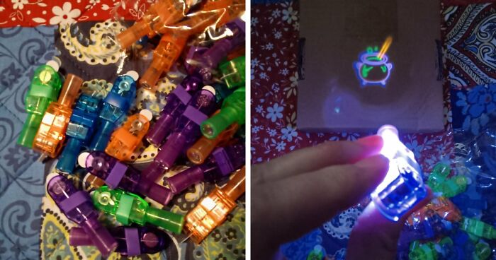 Halloween treats alternative with colorful light-up toys glowing in the dark