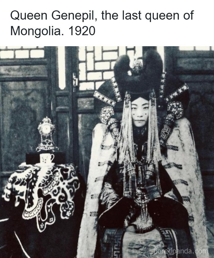 Interesting facts about the world featuring a historical photograph of Queen Genepil, the last queen of Mongolia.