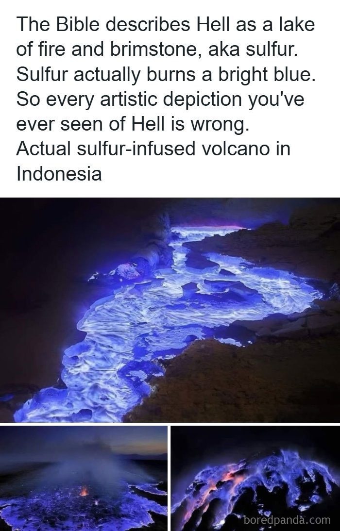 Bright blue burning sulfur flames from an Indonesian volcano, interesting facts about world