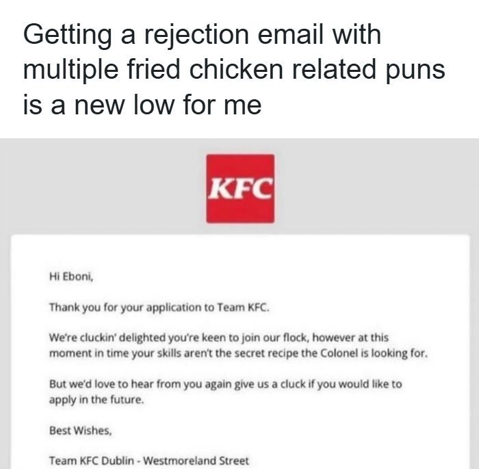 Screenshot of a KFC rejection email filled with chicken puns showing funny recruiting fails.