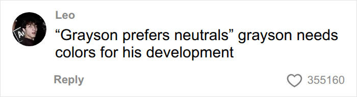 Comment stating a child needs colors for development in response to beige mom aesthetic Comment stating a child needs colors for development in response to beige mom aesthetic