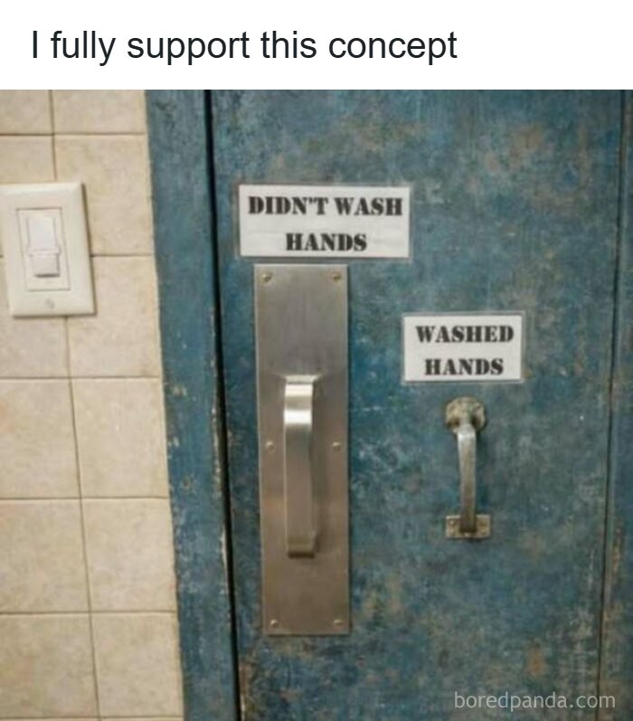 Strange pics of a bathroom door with two separate handles for washed and unwashed hands