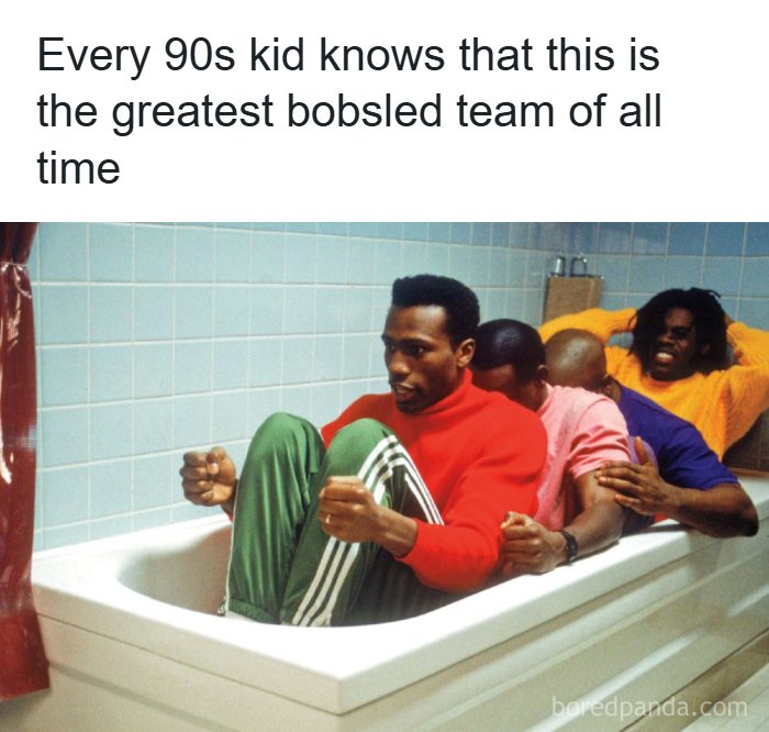 Nostalgic scene of the Cool Runnings movie cast sitting inside a bathtub pretending to ride a bobsled