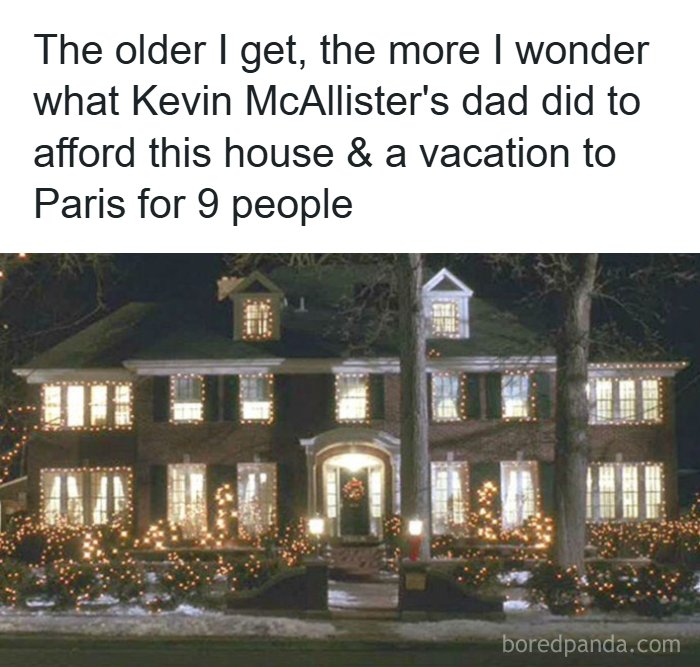 Nostalgic image of the Home Alone house decorated with glowing Christmas lights.