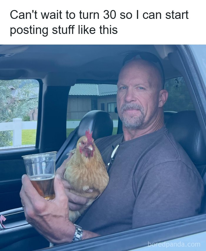 Relatable memes with Stone Cold Steve Austin sitting in a truck holding a chicken and a drink.