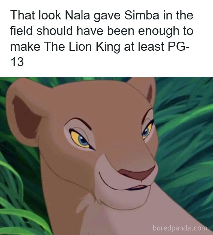 Nala from The Lion King giving Simba a nostalgic and suggestive look in the jungle