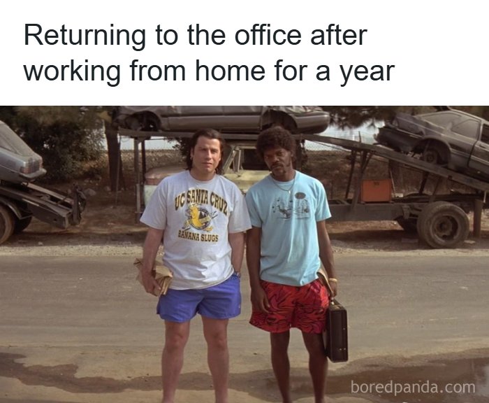 Nostalgic meme of Pulp Fiction characters in casual shorts and t-shirts