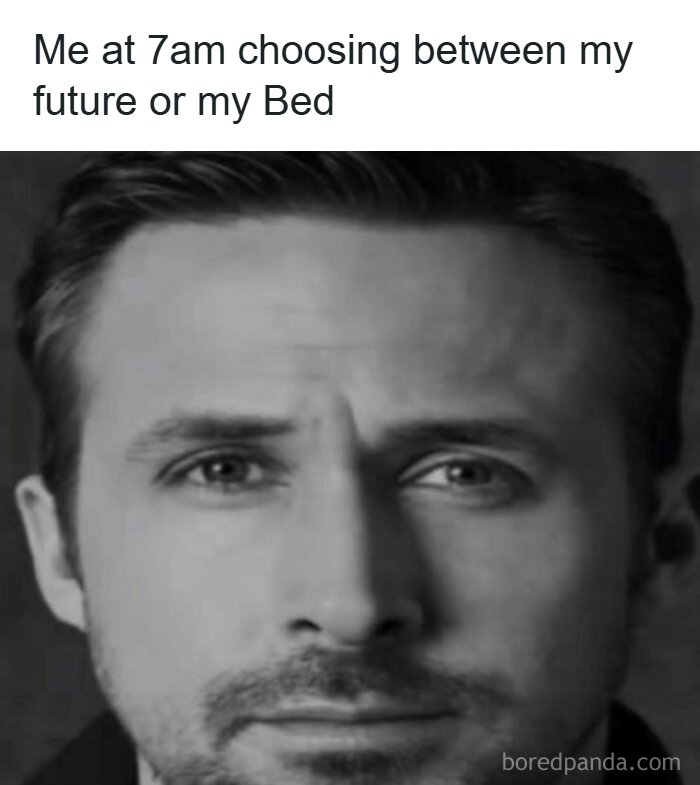 A close-up of Ryan Gosling staring blankly used as a funny dark humor meme about waking up.