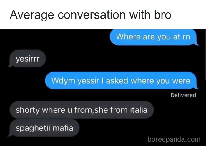 Text message exchange showing a nonsensical conversation with a friend, capturing a relatable sense of humor.