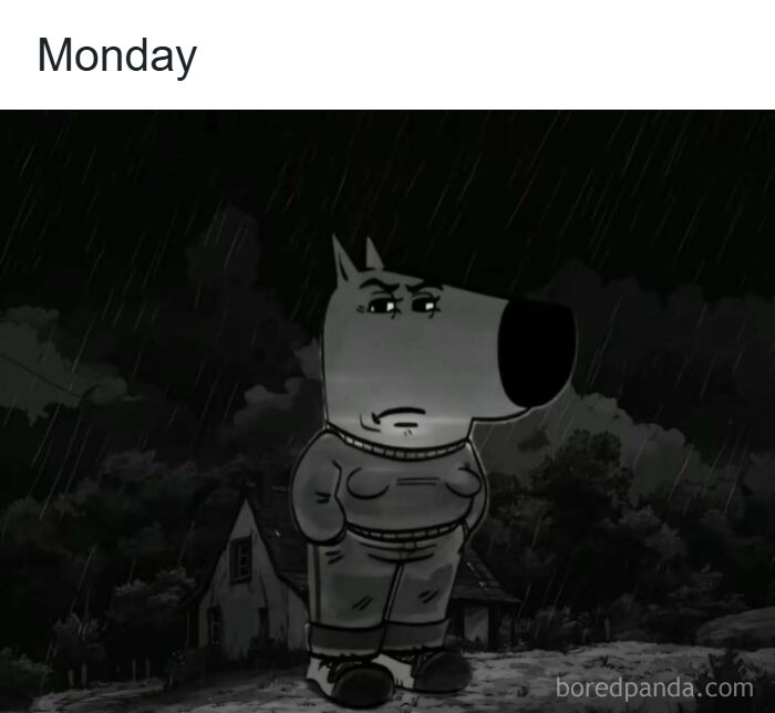 Sad cartoon character standing in the rain, a perfect monday meme