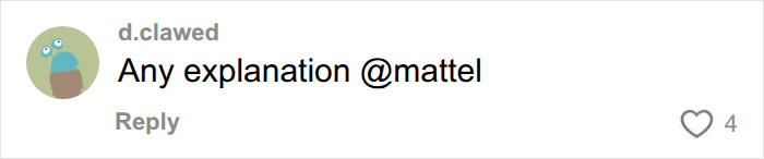 Social media comment asking Mattel for an explanation regarding Barbie packaging concerns.