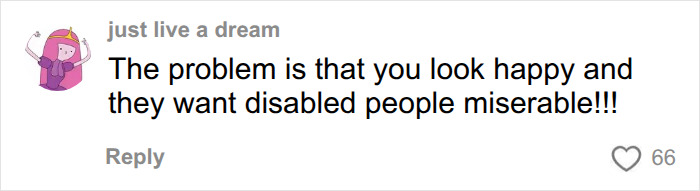 Social media comment addressing public perception and support for young women using mobility aids.