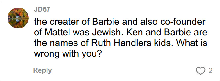 Online comment defending Mattel and Barbie creator Ruth Handler against outrage over Barbie packaging.