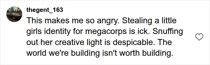 A comment calling out a school for creating an unsettling image and stealing a young girl's identity.