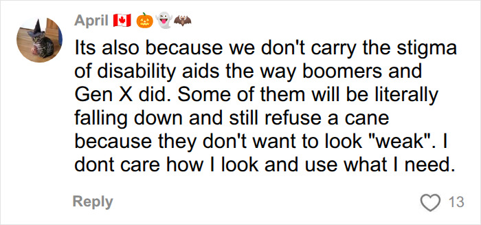 A social media comment discussing young women breaking the stigma around using mobility aids.