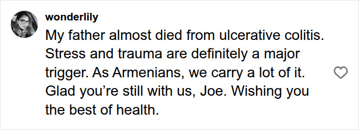 A user comment talking about ulcerative colitis and wishing Joe Manganiello good health