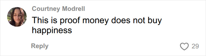 A social media comment by Courtney Modrell about money and happiness related to Dell CEO's wife.