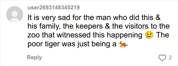 Social media comment expressing sadness over tiger enclosure incident Social media comment expressing sadness over tiger enclosure incident