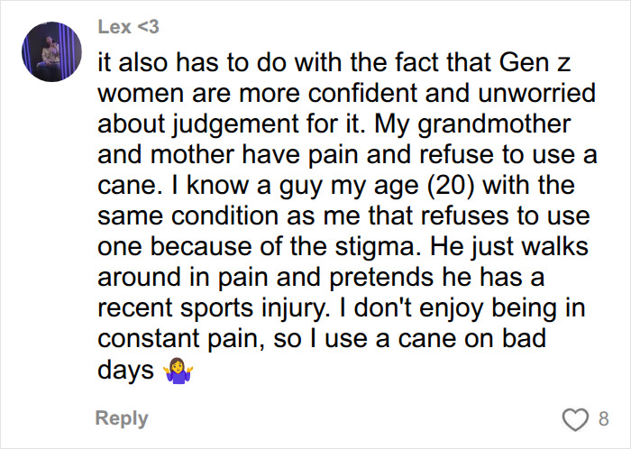 Online comment by Lex discussing why young women are using mobility aids like canes to manage pain.