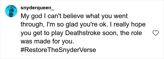 A supportive comment from a fan hoping Joe Manganiello plays Deathstroke soon