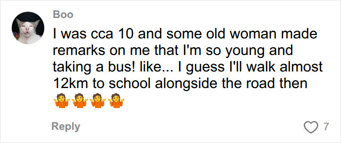 Social media comment sharing a story about judgment when taking public transit as a young person.