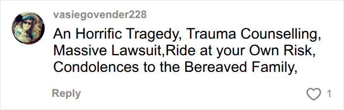 Social media comment discussing a tragedy and lawsuit regarding a Six Flags roller coaster incident. Social media comment discussing a tragedy and lawsuit regarding a Six Flags roller coaster incident.