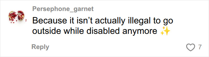Comment stating that disabled people are free to go outside, related to young women using mobility aids.