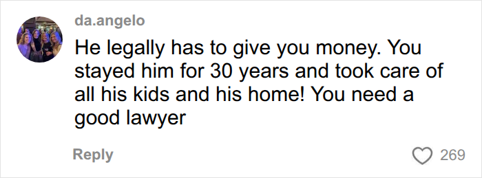 Social media comment advising a former tradwife to hire a lawyer for financial support Social media comment advising a former tradwife to hire a lawyer for financial support