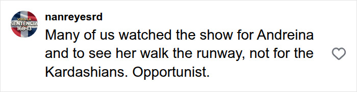 Comment criticizing Kylie Jenner's Victoria's Secret appearance as opportunist on runway Comment criticizing Kylie Jenner's Victoria's Secret appearance as opportunist on runway