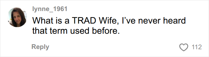 A comment screenshot asking what a Tradwife is, related to a story about a desperate woman. A comment screenshot asking what a Tradwife is, related to a story about a desperate woman.