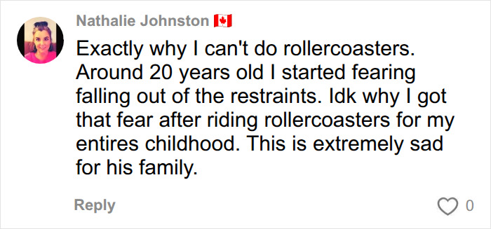 A comment sharing fear of rollercoasters after a Six Flags roller coaster accident. A comment sharing fear of rollercoasters after a Six Flags roller coaster accident.
