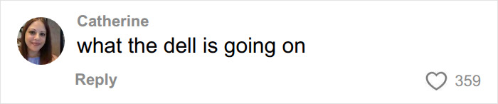 Social media comment by Catherine asking what the Dell is going on, referencing Dell CEO wife's appearance.