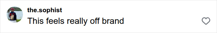 A social media comment stating This feels really off brand regarding recent Jennifer Lawrence plastic surgery rumors.