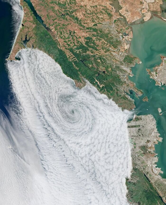 Satellite photo showing a massive cloud swirling over a coastal region and ocean.